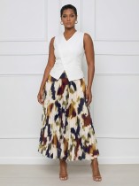 Solid Color Sleeveless Vest Print Pleated Long Skrits Suit GYLY-10928