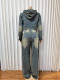 Fashion Long Sleeve Hooded Denim Two Piece Pants Set GADE-6722