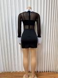 Lapel Mesh Patchwork Lapel Zipper Mini Dress GADE-11099