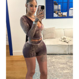 Long Sleeve Print Zipper Two Piece Shorts Set FOSF-8819