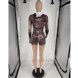 Long Sleeve Print Zipper Two Piece Shorts Set FOSF-8819