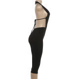 Deep V Neck Solid Color Tight Fifth Jumpsuit DLSF-K6Q00634A