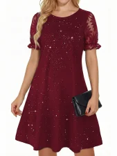 Short Sleeve Sequin Lace Mini Dress GYGE-26026