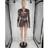 Long Sleeve Print Zipper Two Piece Shorts Set FOSF-8819