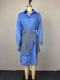 Stripe Print Long Sleeve Shirt Two Piece Skirts Set GCNE-72894