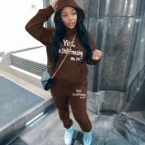 Plus Size Letter Print Fleece-Lined Hooded Sweatshirt Sport Pants Set GDNF-5999Y28