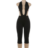 Deep V Neck Solid Color Tight Fifth Jumpsuit DLSF-K6Q00634A