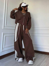 Color Block Zipper Hooded Tops Two Piece Pants Set MIL-L299