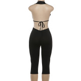 Deep V Neck Solid Color Tight Fifth Jumpsuit DLSF-K6Q00634A