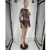 Long Sleeve Print Zipper Two Piece Shorts Set FOSF-8819