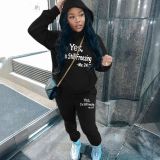 Plus Size Letter Print Fleece-Lined Hooded Sweatshirt Sport Pants Set GDNF-5999Y28