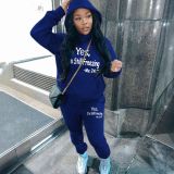 Plus Size Letter Print Fleece-Lined Hooded Sweatshirt Sport Pants Set GDNF-5999Y28