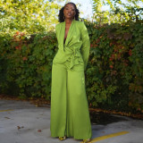 Solid Color Blazer Neck Tie Up Wide Leg Pants 2 Piece Set YF-10902