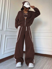 Color Block Zipper Hooded Tops Two Piece Pants Set MIL-L299