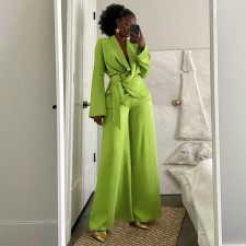 Solid Color Blazer Neck Tie Up Wide Leg Pants 2 Piece Set YF-10902