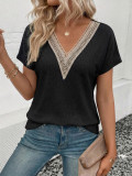 Lace V Neck Loose Patchwork Tops GYGE-26030