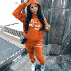 Plus Size Letter Print Fleece-Lined Hooded Sweatshirt Sport Pants Set GDNF-5999Y28