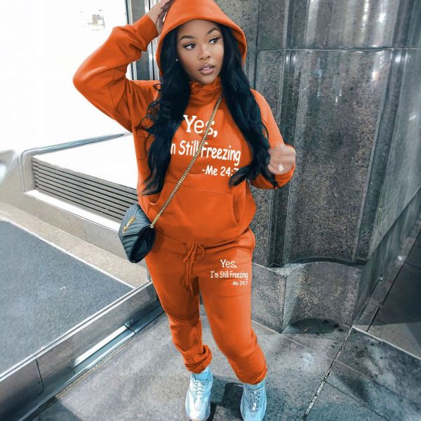 Plus Size Letter Print Fleece-Lined Hooded Sweatshirt Sport Pants Set GDNF-5999Y28