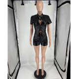 Stand Collar Two-Way Zipper Short-Sleeve Top Shorts Set FOSF-8820