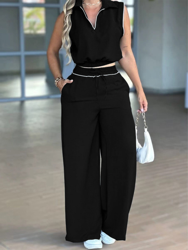 Sleeveless Lapel Top Pants 2 Piece Set MIL-L321