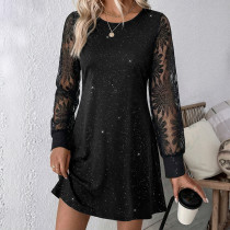 Lace Patchwork Lantern Sleeve Mini Dress GYGE-26007