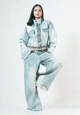 Stand Collar Long Sleeve Coat Straight Pants Denim 2 Piece Set YUMT-YMT503