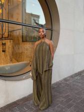 Halterneck Sleeveless Irregular Top Wide Leg Pants Suit GCNE-73620