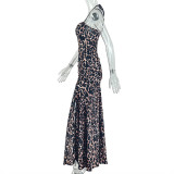 Leopard Print Irregular Backless Split Maxi Dress GJYO-303507