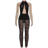Lace Patchwork Halterneck Backless Jumpsuit XEF-K6Q01398A