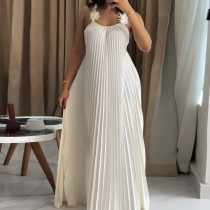 Solid Color Press Pleated Sling Maxi Dress GMSF-9439-1