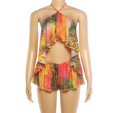 Print Halterneck Sleeveless Backless 2 Piece Shorts Set XEF-K25S91009