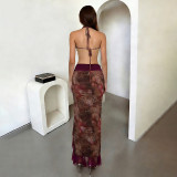 Sexy Print Flower Chain Top Irregular Long Skirt Two Piece Set XEF-K25S88469