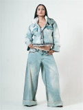 Stand Collar Long Sleeve Coat Straight Pants Denim 2 Piece Set YUMT-YMT503