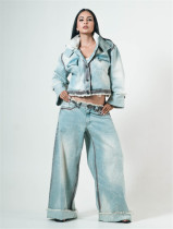 Stand Collar Long Sleeve Coat Straight Pants Denim 2 Piece Set YUMT-YMT503