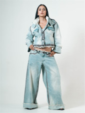 Stand Collar Long Sleeve Coat Straight Pants Denim 2 Piece Set YUMT-YMT503