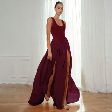 Solid Color Sleeveless Chiffon Slit Maxi Dress GSZM-D26DS024