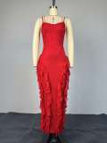 Solid Color Ruffled Edge Sling Maxi Dress GMSF-9397