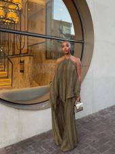 Halterneck Sleeveless Irregular Top Wide Leg Pants Suit GCNE-73620