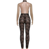 Lace Patchwork Halterneck Backless Jumpsuit XEF-K6Q01398A