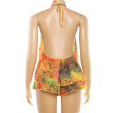 Print Halterneck Sleeveless Backless 2 Piece Shorts Set XEF-K25S91009