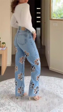 Hot Drill Flowers Hollow Out Straight Jeans YUMT-YMT484