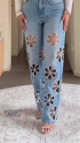 Hot Drill Flowers Hollow Out Straight Jeans YUMT-YMT484