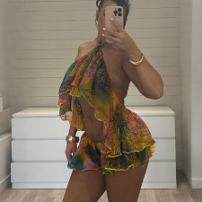 Print Halterneck Sleeveless Backless 2 Piece Shorts Set XEF-K25S91009