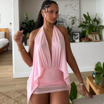 Deep V Neck Halterneck Backless Mesh Mini Dress XEF-K6D01882A