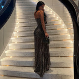 Leopard Print Irregular Backless Split Maxi Dress GJYO-303507