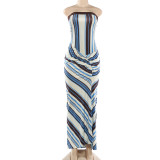 Stripe Print Slim Tube Top Maxi Dress GZJQ-K6D00053A