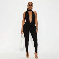 Solid Color Halterneck Backless Two Piece Pants Set GDSF-J26ST020