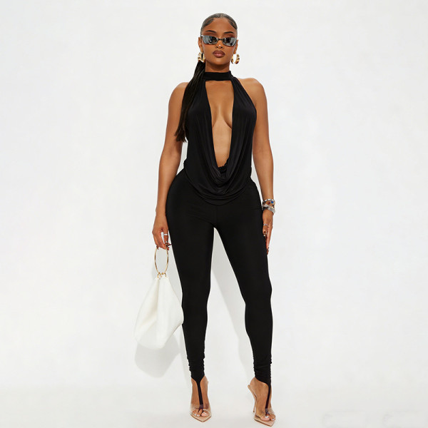 Solid Color Halterneck Backless Two Piece Pants Set GDSF-J26ST020