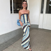 Stripe Print Slim Tube Top Maxi Dress GZJQ-K6D00053A