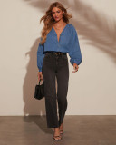 Long Sleeve V Neck Long Sleeve Denim Top GYAN-753